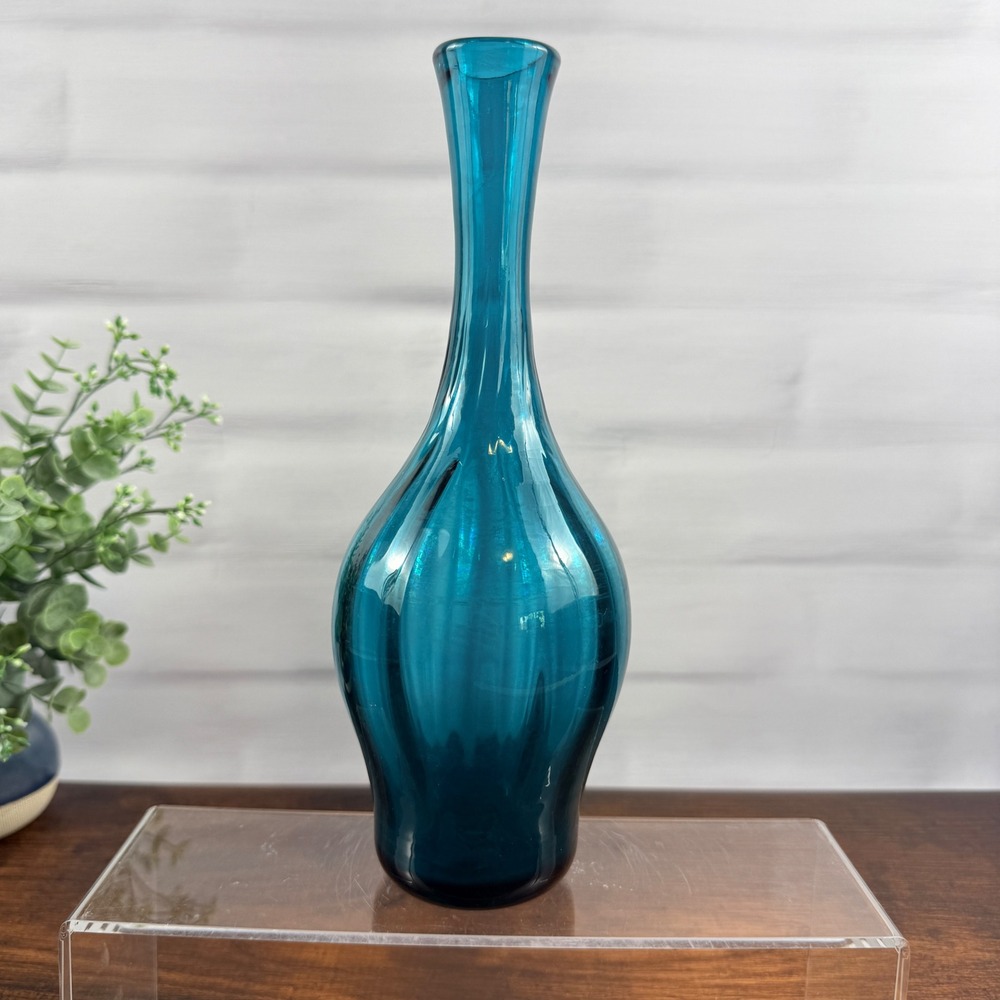 Blenko 64D Peacock Glass Bottle Vase Joel Myers MCM 10"